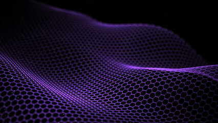 Digital style hexagon wave with dots and lines background. Abstract modern structure of network connection. Big data visualization. 3D rendering.