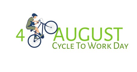 Illustration of man riding bicycle and 4 august with cycle to work day text on white background