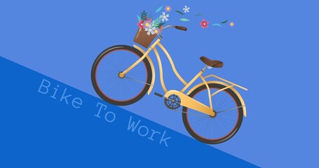 Fototapeta na wymiar Illustrative image of bicycle with flowers in basket and bike to work text against blue background