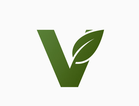 small letter v with leaf. creative alphabet logotype. nature and environment design element. isolated vector image