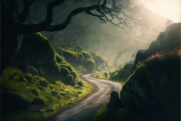 A path winding through mossy woods with fog and sun rays. Generative AI.
