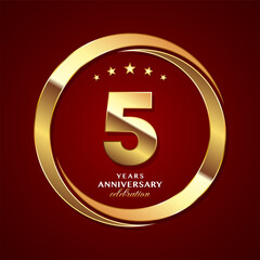 5th Anniversary logo design with shiny gold ring style. Logo Vector Template Illustration