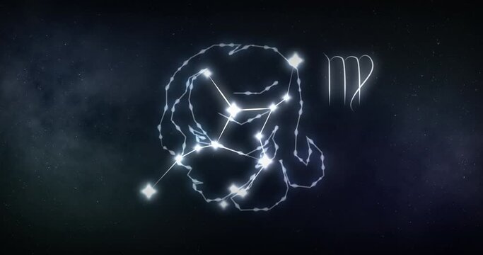 Animation of virgo sign with stars on black background