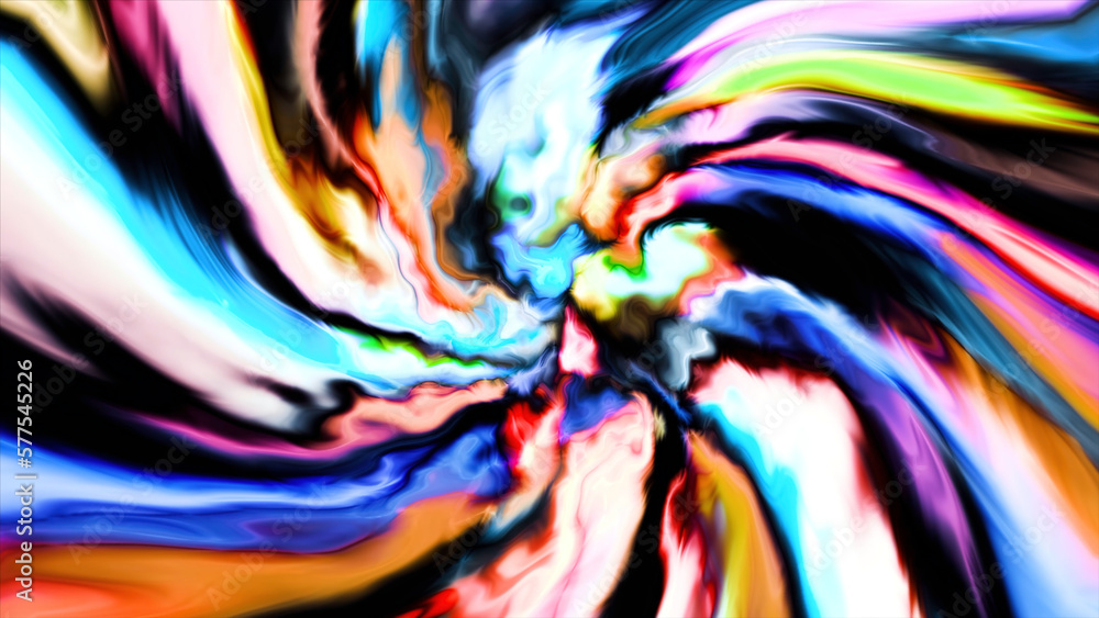 Poster a glowing bright tunnel made of paint. motion. black background with splashed multicolored paint mad