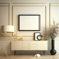 Frame mockup in home interior with decoration, living room in beige warm color with black console, 3d render