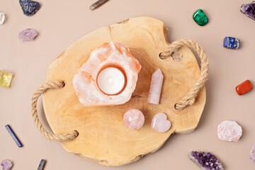 Himalayan rock salt candle holder and gemstones. Balance and calm energy flow at  home, purifying...
