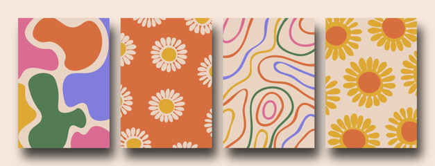 Retro Collection of abstract organic floral posters, Trendy vintage 70s style. Y2k aesthetic.	