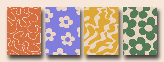 Retro Collection of abstract organic floral posters, Trendy vintage 70s style. Y2k aesthetic.	