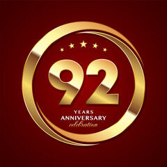 92th Anniversary logo design with shiny gold ring style. Logo Vector Template Illustration