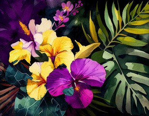 Painting of hibiscus flowers, orchids and tropical palm leaves. Generative AI.