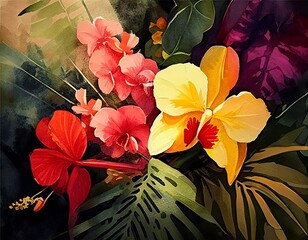 Painting of hibiscus flowers, orchids and tropical palm leaves. Generative AI.