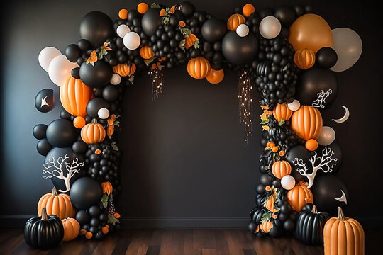 decoração de balões com aboboras feliz dia das bruxas, decorativos para festa de halloween dia dos mortos 