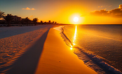 Caribbean islands on sunset. Eagle Beach in Oranjestad, Aruba. Resort on Caribbean Palm Beach. Coastline at ocean. Waves at sea on sunset.