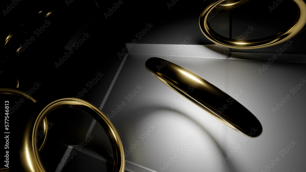Aufkleber golden flying rings. design. dark background in abstraction with gold circles rotating at a fast spe