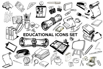 hand drawn set of school icons, set of school icons, 