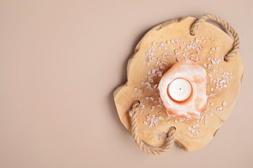 Himalayan rock salt candle holder and gemstones. Balance and calm energy flow at  home, purifying the air,  decrease stress level concept