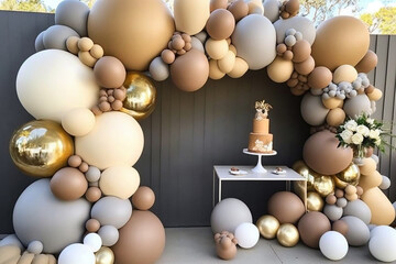 decoração de aniversário com balões marrons e dourados , preparativos para festa de aniversário 