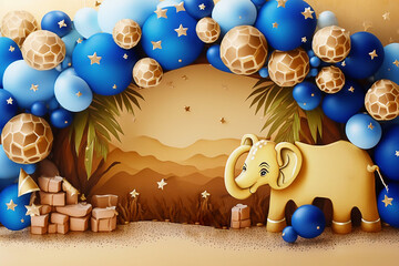 decoração de festa infantil com bichinho fofo , fundo de fotografia com arco de balões  - obrazy, fototapety, plakaty