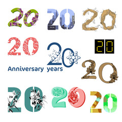 Anniversary birthday 20 years. Set of 10 different decorative fonts