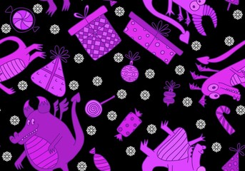 Cartoon dinosaur monsters seamless dragon pattern for wrapping paper and Christmas gift box and kids clothes