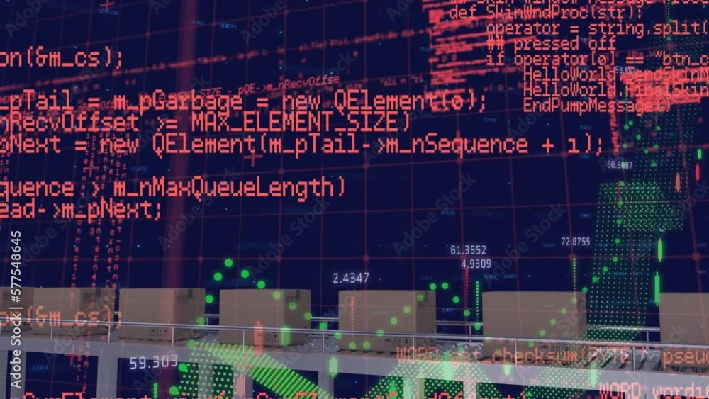 Poster animation of computer language over boxes on conveyor belt against graphs in background