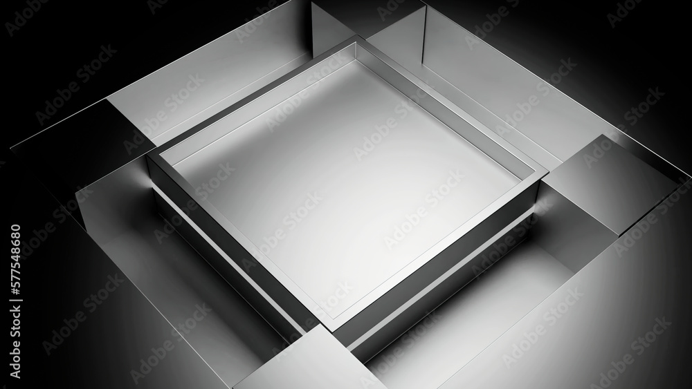 Poster 3d abstraction with cubes moving around the figure on a black background. design. concept of geometr