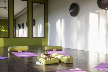 Blissful meditation studios to stop and feel zen. Empty yoga studio, mats, pillows and accessories,...