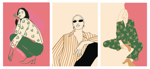 Abstract vintage wall art background vector. Collection of women in different poses, clothing, line art, organic shapes. Trendy style poster set for wall decoration, interior, wallpaper, banner. © Ольга Логвиненко