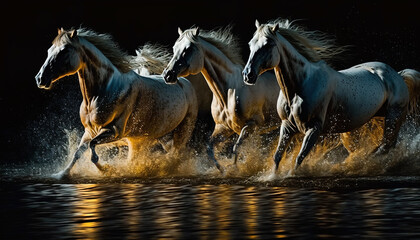 Wild horses running across river by generative AI