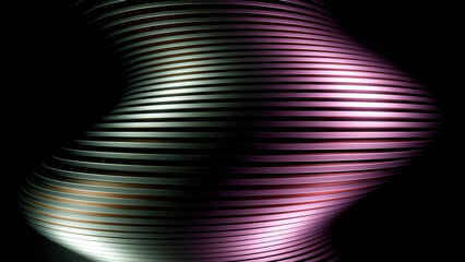 Bending abstract shape of a metal tornado on a black background. Design. Hypnotic dark 3D vertical spiral.