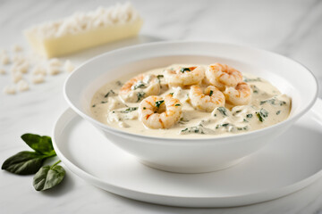 Creamy Garlic Butter Tuscan Shrimp Linguine with Isometric Studio Lighting