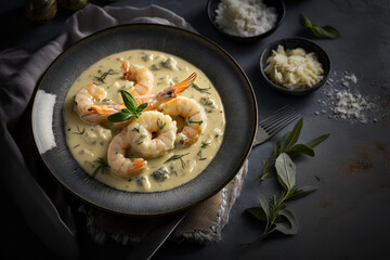 Creamy Garlic Butter Tuscan Shrimp Linguine with Isometric Studio Lighting
