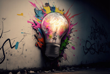 graffiti idea - bulb painted on a wall. Generative AI.