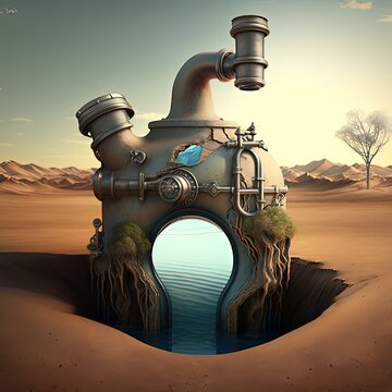 Faucet with water in the center of quicksand. Rich colors, illusion, thirst, liquid, soft warm tones, high resolution, art, generative artificial intelligence