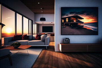 Interior house design. Interior of a living room in apartments. Room with a painting on wall. Home interior design in residential house room. Real estate, house building renovation. AI Generative