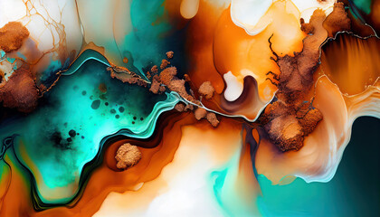 Abstract watercolor paint texture, orange and emerald background