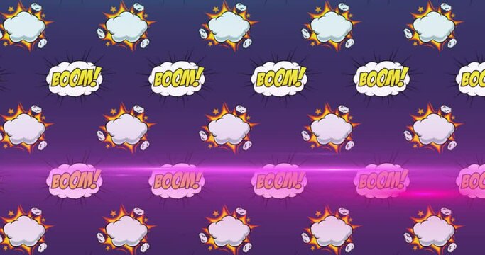 Animation of boom text and exclamation sign in clouds over lens flares on blue background