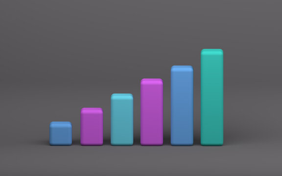 3D Growth bar graph on isolated grey background. Market investment trading, exchange, rendering, trade, simple, isometric, financial, index, colorful, forex. 3d render simple box chart