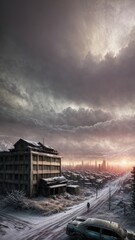 An abandoned city, after the end of the world. The aftermath of a great war. Illustration.