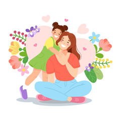 Mother's day illustration with happy daughter and mother on background of spring flowers in cartoon style
