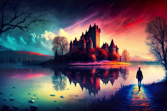 Magical fantazy castle by the lake, sunset