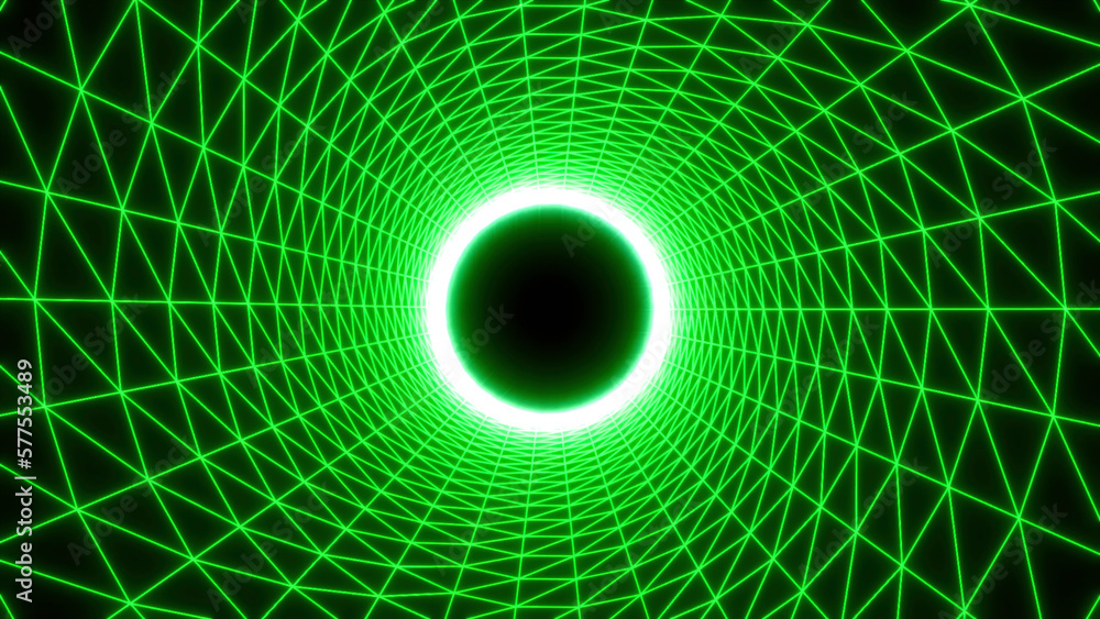 Poster flying inside neon striped circular tunnel with a dark pulsating sphere in the end. motion. endless 