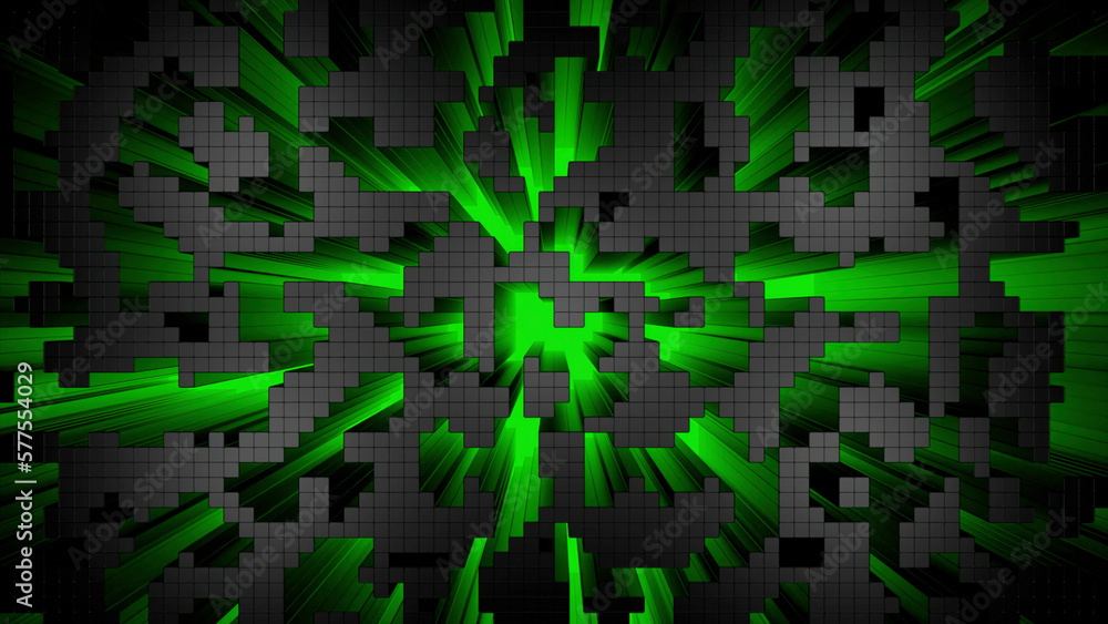 Poster pixelated pattern looking like old fashioned game with cubes. design. 3d long rays in random blinkin