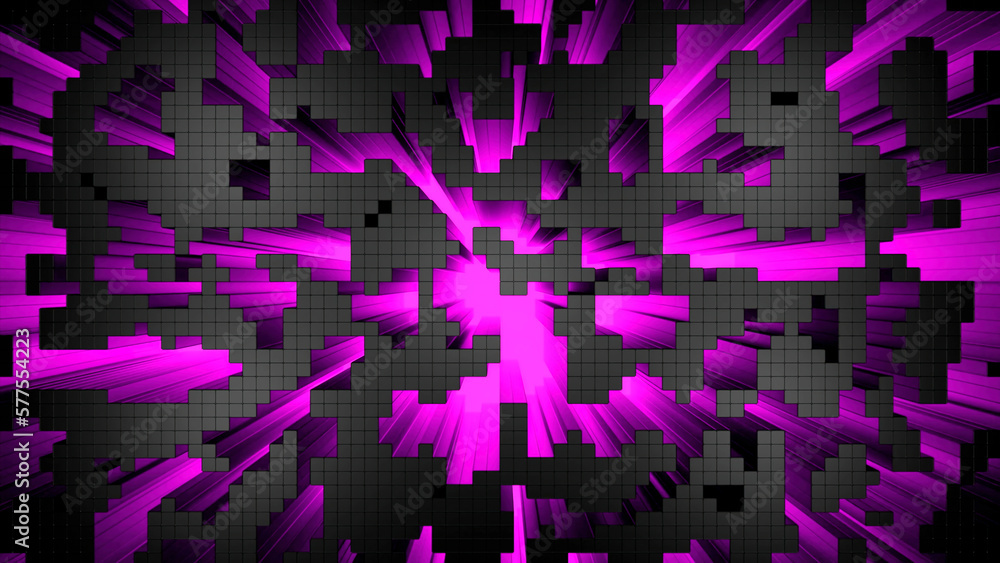 Poster Pixelated pattern looking like old fashioned game with cubes. Design. 3D long rays in random blinking motion.