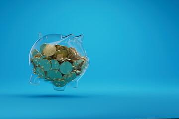Fototapeta na wymiar A transparent piggy bank full of bitcoins. Bitcoin saving and investment concept. 3D Illustration. Blue Background.