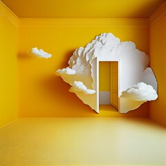 Clouds inside yellow room, generative ai