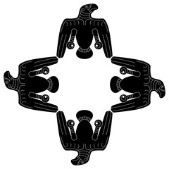 Geometrical frame with four totem birds. Eagle or raven. Black and white silhouette. Permian animal style from ancient Siberia.
