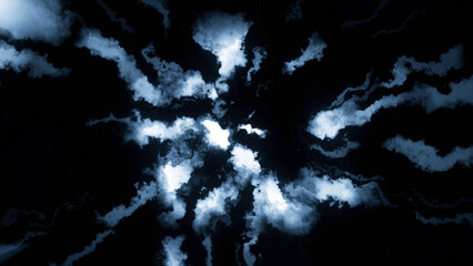 Fluorescent blue ink or smoke forming star isolated on a black background. Motion. Spreading smoke all over the screen.