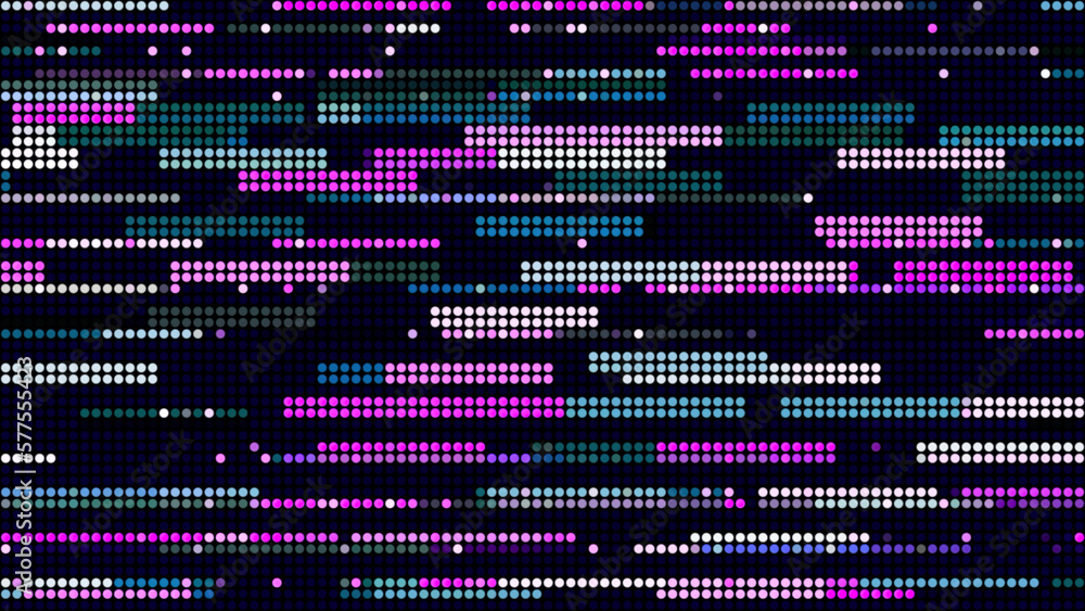 Poster abstract pixelated retro video game. motion. purple lines and dots moving on a black background.