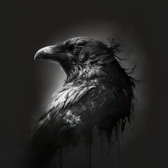 Raven in Black and White, High Detailed, low key photography
